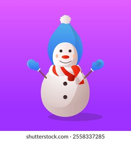 Cartoon snowman wearing a hat and scarf with flat design style, vector illustration.