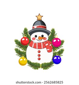 Cartoon Snowman Wearing Hat with Scarf, Baubles and Fir Leaves on White Background for Merry Christmas Concept.