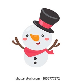 Cartoon snowman wearing a red scarf is happy for christmas.