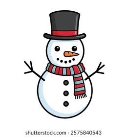 
A Cartoon Snowman Wearing a Top Hat and Scarf.