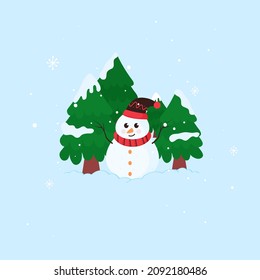 Cartoon Snowman Wearing Woolen Hat With Scarf And Snowy Xmas Tree On Blue Background.
