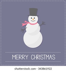 Cartoon Snowmanwith hat and scarf. Violet background. Dash line. Merry Christmas card. Flat design Vector illustration