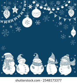 Cartoon snowmen and Christmas decoration on blue background. New Year eve card. Doodle vector illustration.