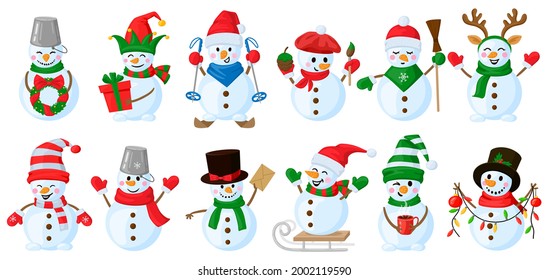 Cartoon snowmen. Christmas funny snowman characters, cute snowman wearing hat and scarf vector illustration set. Winter holidays snowman characters. Snowman mascot in scarf and gift