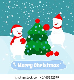 Cartoon snowmen decorate the Christmas tree. Christmas and New Year vector illustration. Design for greeting cards, images.
