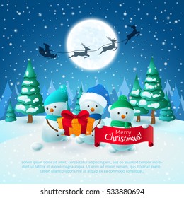 Cartoon Snowmen with gift and banner with title "Merry Christmas". Winter landscape with santa's sleigh, deers, trees and snow. Vector holiday poster.