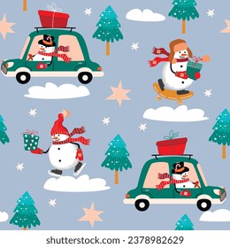 Cartoon snowmen with gifts seamless pattern.Winter holidays background  with cute characters driving a car, with a snowboard and skating.Funny print on fabric and paper.Vector seasonal illustration.