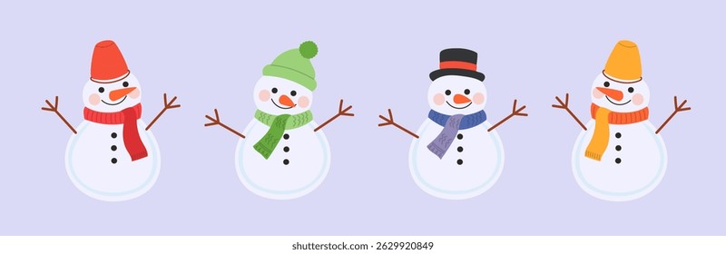 Cartoon snowmen set. Joyful snow figures with stick arms, buttons, and bright scarves and hats.