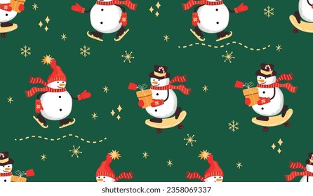 Cartoon snowmen skating and skateboarding.Winter seamless pattern with cute characters in warm clothes,snowflakes.Colorful print on fabric and paper.Vector  hand drawn illustration on green background