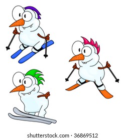 Cartoon snowmen are skiing