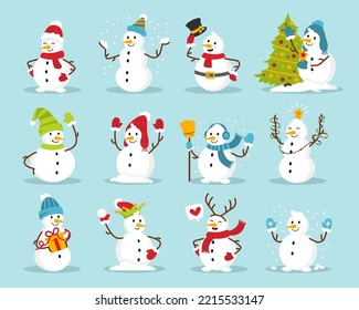 Cartoon snowmen wearing colorful hats and scarf set. Christmas funny snow man characters. Winter holidays characters. Snowman mascot with xmas gift and tree. Flat vector illustration