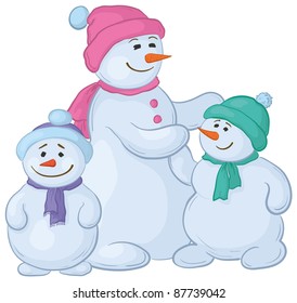 Cartoon, snowmens mother and children, isolated white background. Vector