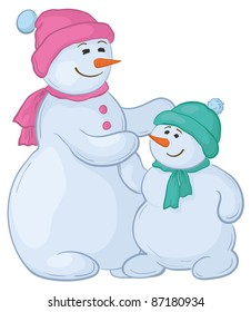 Cartoon, snowmens mother and son, isolated white background. Vector