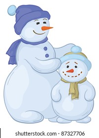 Cartoon, snowmens mother and son, isolated white background. Vector