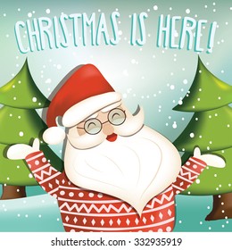 Cartoon snowy Christmas scene with Christmas tree and Santa Claus. Vector illustration