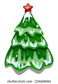 cartoon snowy Christmas tree with the star on white background vector