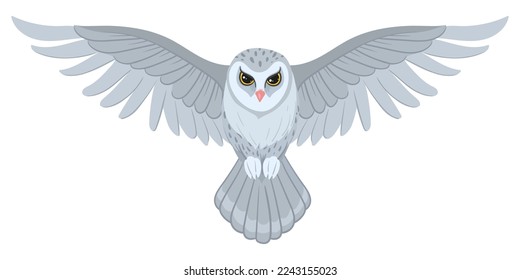 Cartoon snowy owl. White wildlife bird, flying wild predator bird flat vector illustration. Feathered snowy owl