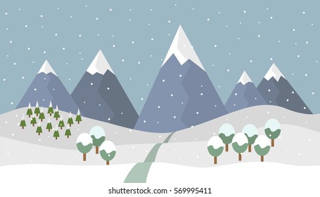 Cartoon snowy winter mountain landscape with falling snow and trees and path into the mountains - vector illustration