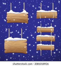 cartoon snowy wooden signboards, panels in snow caps. game assets of variety snowy timber boards and hanging signs with place for text. vector clipart of Rustic banners, billboards for Winter Design.