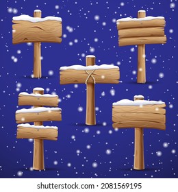 cartoon snowy wooden signpost, guidepost in snow caps. game assets of variety snowy timber boards and road signs with place for text. vector clipart. Rustic Signposts and billboards for Winter Design.