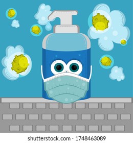 Cartoon of a soap bottle with a face mask. Virus protection - Vector