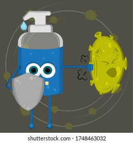 Cartoon of a soap bottle fighting virus. Virus protection - Vector
