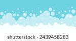 Cartoon soap bubble background, bath foam frame, shower water pattern, laundry transparent suds. Beer, sea and cloud air. Blue and white color bg. Abstract wash vector illustration