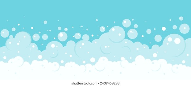 Cartoon soap bubble background, bath foam frame, shower water pattern, laundry transparent suds. Beer, sea and cloud air. Blue and white color bg. Abstract wash vector illustration