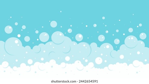 Fondo de burbujas de jabón de dibujos animados, marco de espuma de baño, patrón de agua de ducha, espuma transparente de lavandería. Cerveza, mar y aire nublado. Colores azul y blanco. Ilustración abstracta del vector del lavado