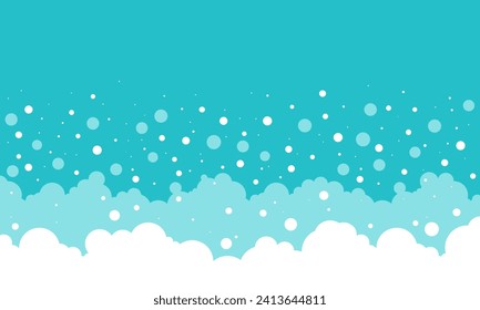 Cartoon soap bubble blue background, bath foam frame, shower water pattern, laundry transparent suds. Abstract wash vector illustration