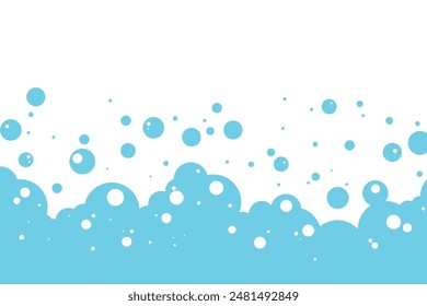 Fondo azul de burbuja de jabón de dibujos animados, marco de espuma de baño, patrón de agua de ducha, espuma transparente de lavandería.