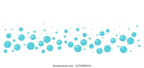 Cartoon soap bubble border, blue foam frame, water soda background, bathroom pattern, laundry suds. Shampoo splash, baby shower, sea underwater, drink fizz bg. Abstract vector illustration