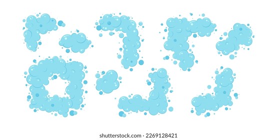 Cartoon soap bubble border, foam frame, blue shower suds, laundry background, wash shampoo, shower bath, water soda, air icon set isolated on white background. Fun abstract vector illustration