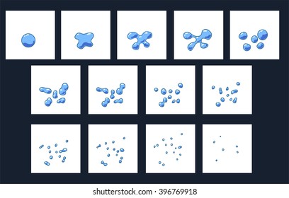 Des sprites éclatent de bulles de savon, des cadres vectoriels pour l'animation. Divisé en parties.