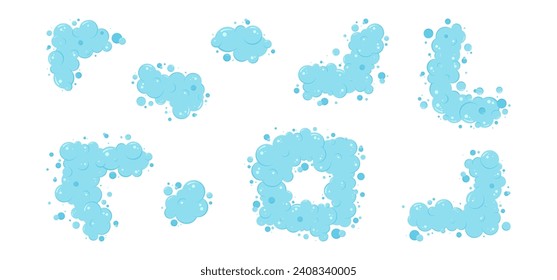 Cartoon soap bubble frame, blue foam border, shower suds, laundry background, wash shampoo, shower bath, water soda, air icon isolated on white background. Fun abstract vector illustration