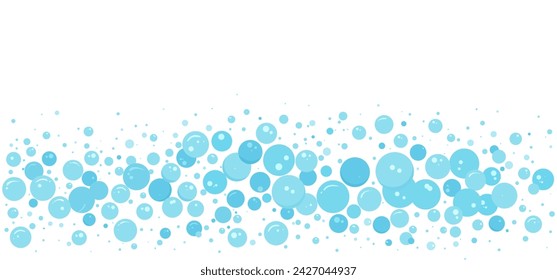 Cartoon soap bubble water, blue foam background, carbonated  border, abstract suds pattern. Effervescent air ball stream bg. Soda pop, fizzy drinks, bath shampoo splash. Vector illustration 