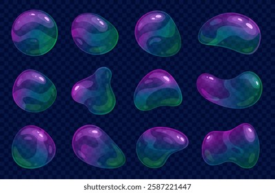 Cartoon soap bubbles. Different distorted shapes, flying balls, lossy transparent shiny objects, inflatable colorful isolated elements, iridescent deformation soapy spheres nowaday vector set