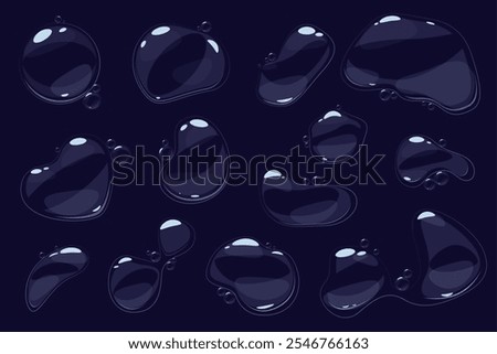 Cartoon soap bubbles. Different foam shapes. Glossy transparent flying objects. Shampoo or gel suds. Cosmetic soapy spheres. Detergent froth reflection. Bursting water