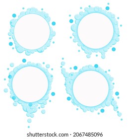 Cartoon soap bubbles frame. Blue foam suds isolated on white background. Vector set. Place for text.