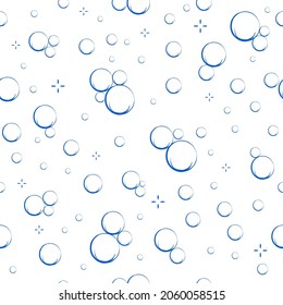 Cartoon soap bubbles seamless pattern. Effervescent oxygen bubbles, bath suds, fizzy soda or drink. Hand drawn vector illustration