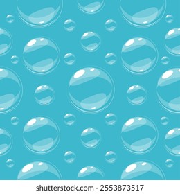 Cartoon soap bubbles seamless pattern. Sparkling water with air balls. Repeated print. Bath foam elements. Cleaning detergent froth. Laundry suds. Cosmetic soapy spheres