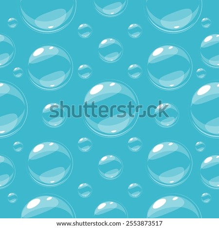 Cartoon soap bubbles seamless pattern. Sparkling water with air balls. Repeated print. Bath foam elements. Cleaning detergent froth. Laundry suds. Cosmetic soapy spheres