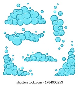 Cartoon soap foam set with bubbles. Light blue suds of bath, shampoo, shaving, mousse. Vector illustration isolated on white background.