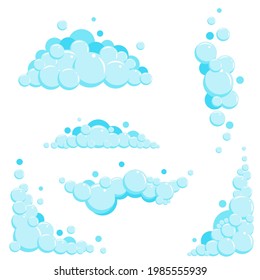 Cartoon soap foam set with bubbles. Light blue suds of bath, shampoo, shaving, mousse. Vector illustration isolated on white background.