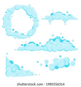 Cartoon soap foam set with bubbles. Light blue suds of bath, shampoo, shaving, mousse. Vector illustration isolated on white background.