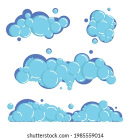 Cartoon soap foam set with bubbles. Light blue suds of bath, shampoo, shaving, mousse. Vector illustration isolated on white background.