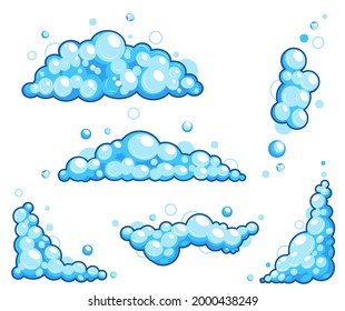 Cartoon soap foam set with bubbles. Light blue suds of bath, shampoo, shaving, mousse. Vector illustration isolated on white background.