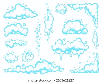 Cartoon soap foam set with bubbles. Light blue suds of bath, shampoo, shaving, mousse. Vector illustration isolated on white background.