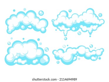 Cartoon soap foam set with bubbles. Light blue suds of bath, shampoo, shaving, mousse. Vector illustration. EPS 10