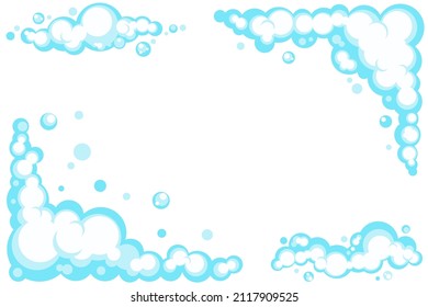 Espuma de jabón de caricatura con burbujas. Azulejos azules claros de baño, champú, afeitado, mousse. Marco vectorial aislado en fondo blanco.